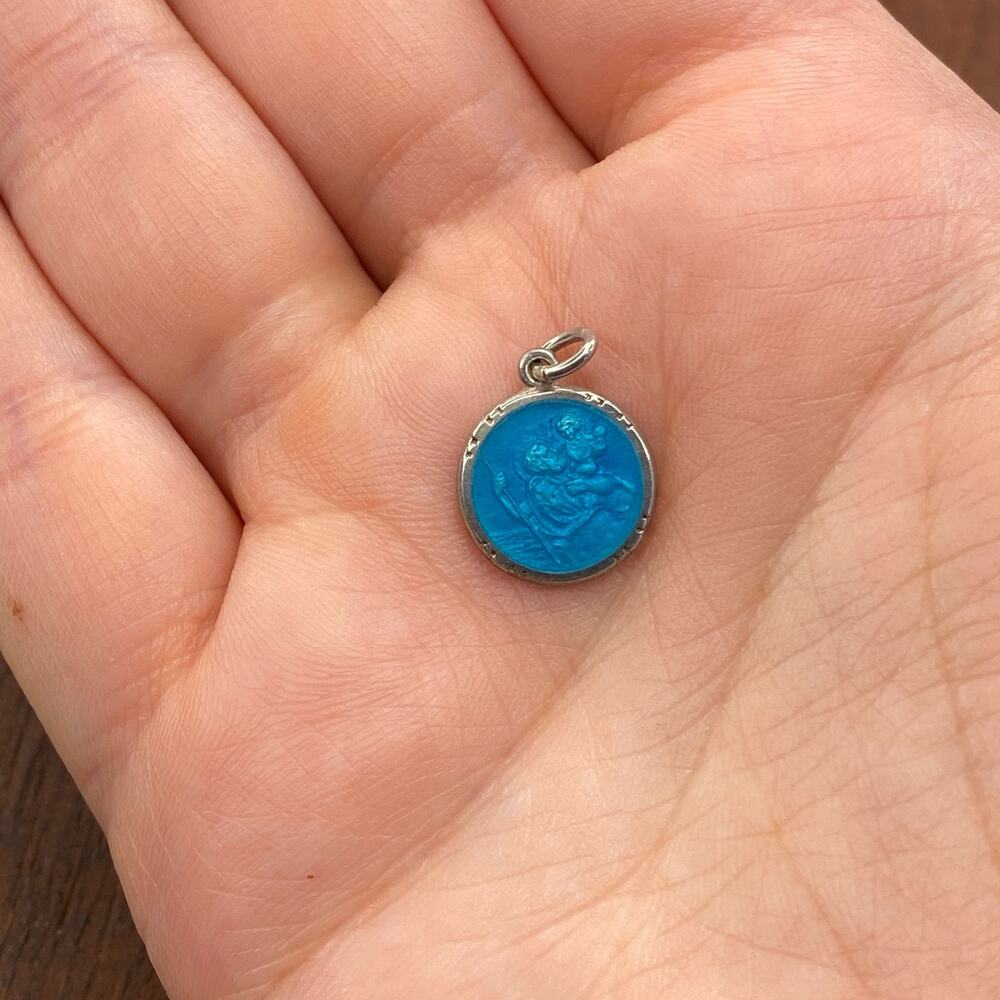 Vintage 925 Sterling Blue Guilloche Enamel Saint Christopher Medal Pendant Charm